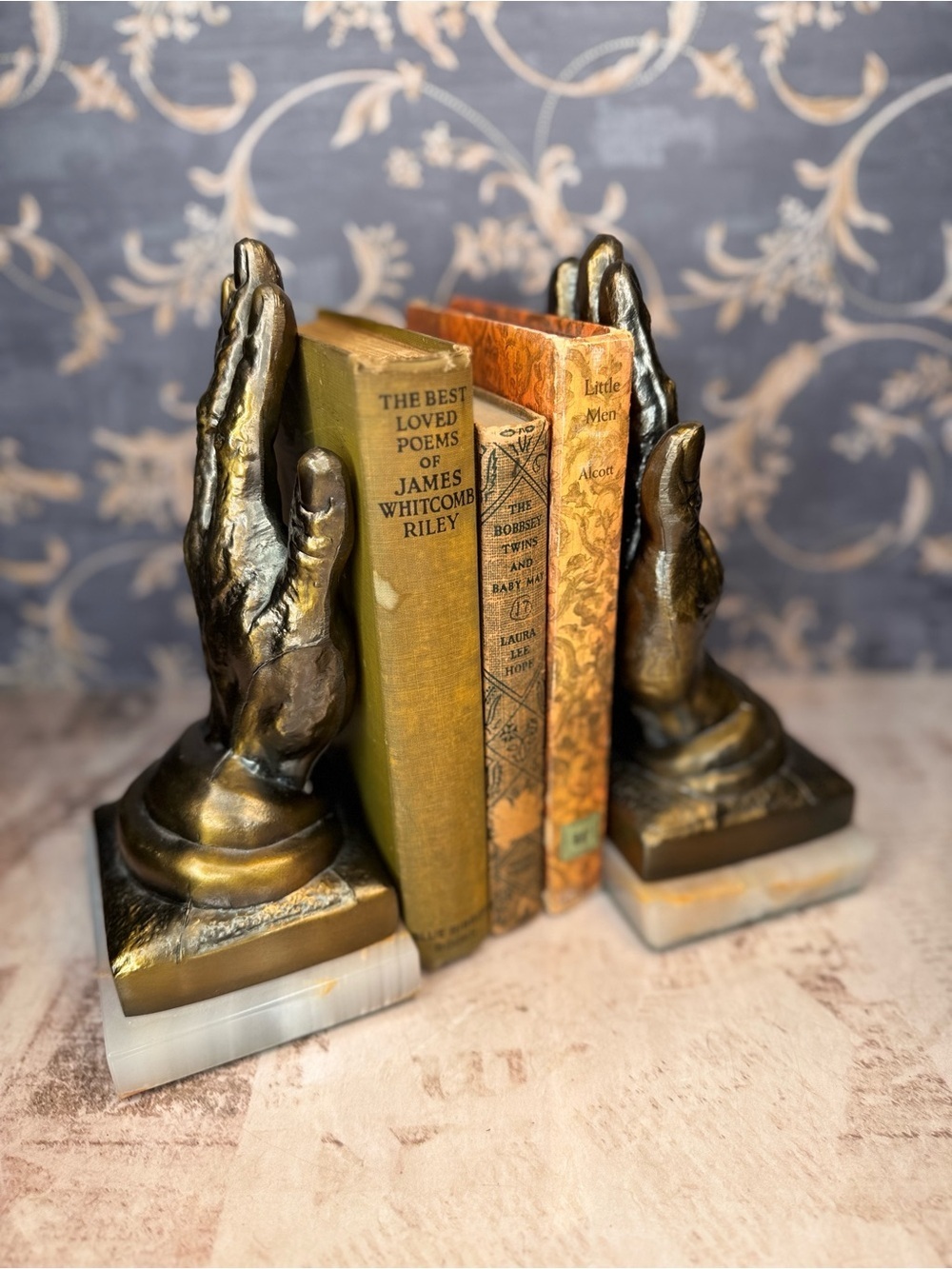 Vintage Brass Praying Hands Bookends on Marble Onyx Bases Religious